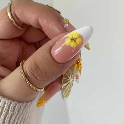 MouyouGlow Press on Nails Weiß French mit Blumen & Perlen Design