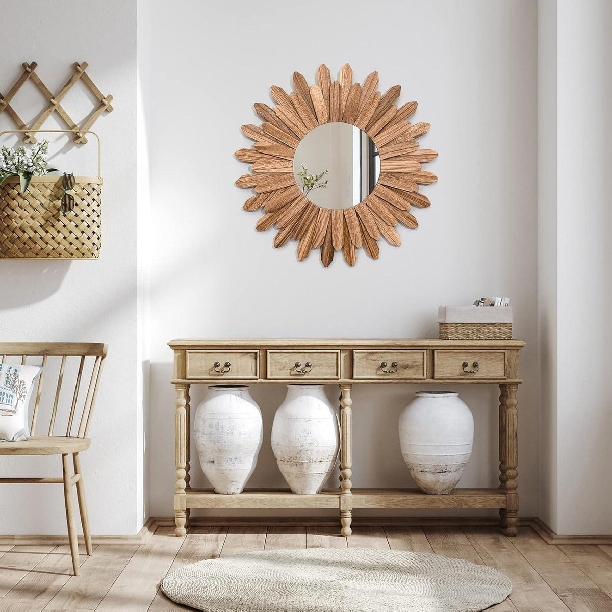 Rustikaler Wandspiegel 48cm Holz Sunburst Boho Deko Spiegel