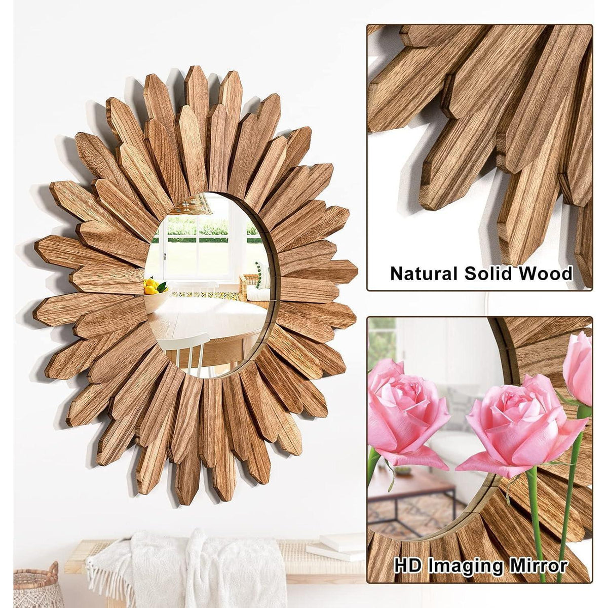 Rustikaler Wandspiegel 48cm Holz Sunburst Boho Deko Spiegel