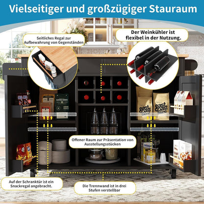 Klappbarer Küchenwagen mit Weinregal & Rollen (Schwarz)