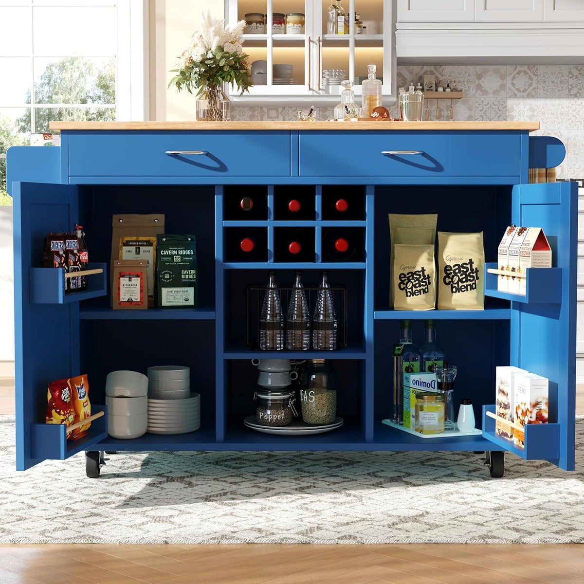 Klappbarer Küchenwagen mit Weinregal & Ablagen (Blau)