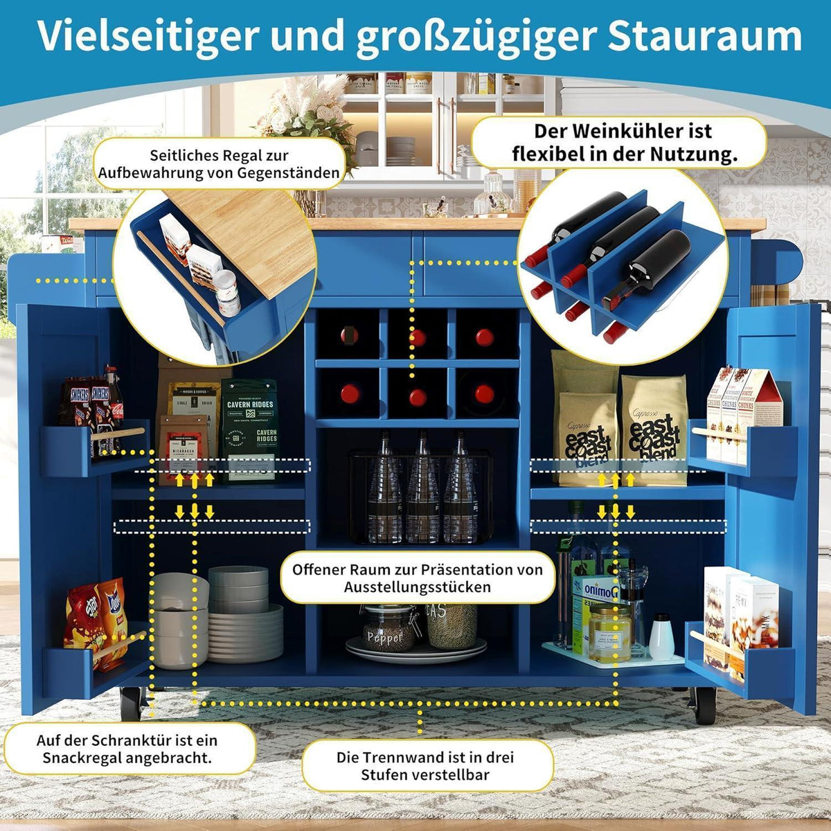 Klappbarer Küchenwagen mit Weinregal & Ablagen (Blau)