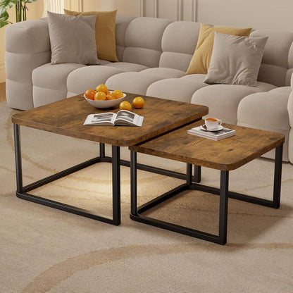 Holz Couchtisch Set rund mit Metallrahmen, Braun-quadratisch