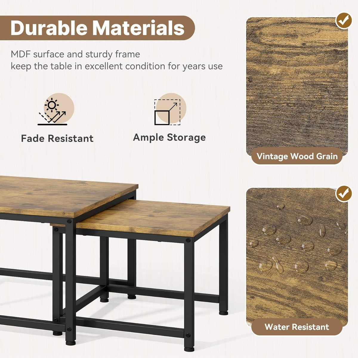 Holz Couchtisch Set rund mit Metallrahmen, Braun-quadratisch
