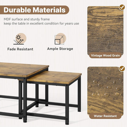 Holz Couchtisch Set rund mit Metallrahmen, Braun-quadratisch
