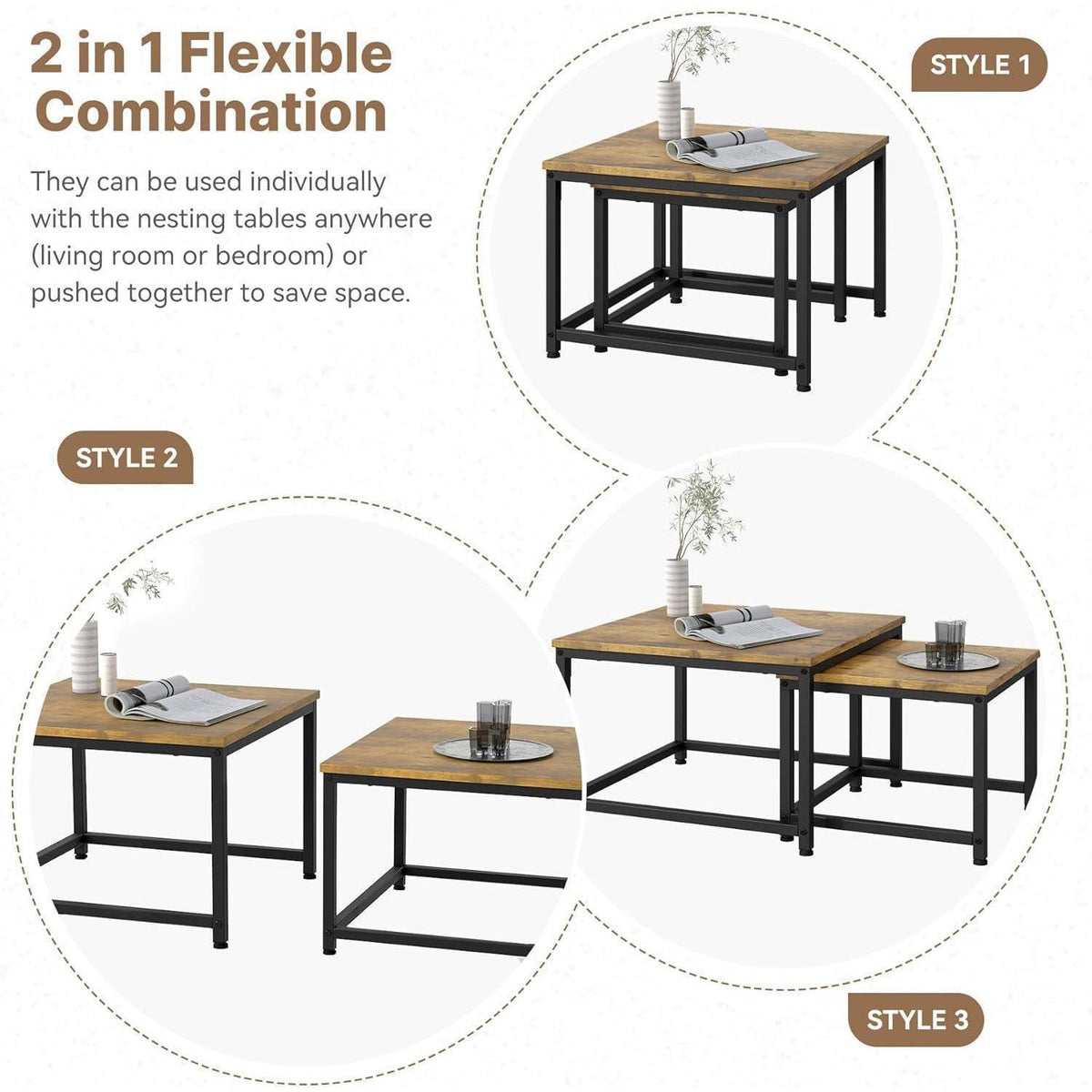 Holz Couchtisch Set rund mit Metallrahmen, Braun-quadratisch