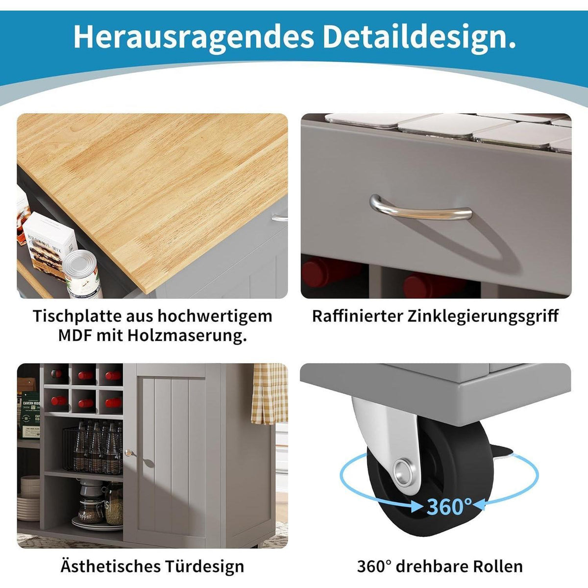 Klappbarer Küchenwagen mit Weinregal & Rollen (Grau)