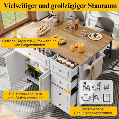 Klappbarer Küchenwagen mit Schubladen & Ablageflächen (Weiß)