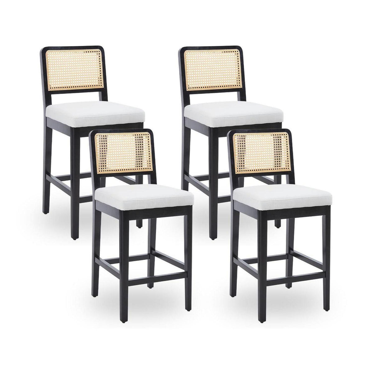 Barhocker Set 4 – Rattan Rückenlehne, Beige Holzbeine