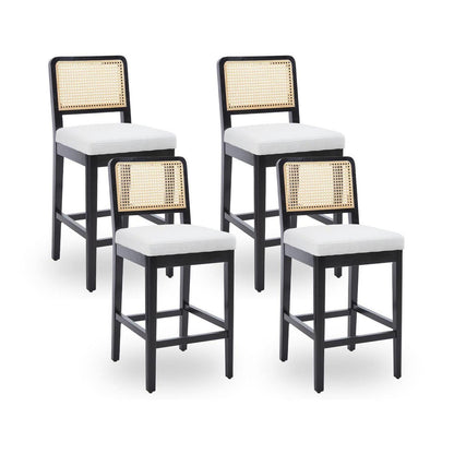 Barhocker Set 4 – Rattan Rückenlehne, Beige Holzbeine