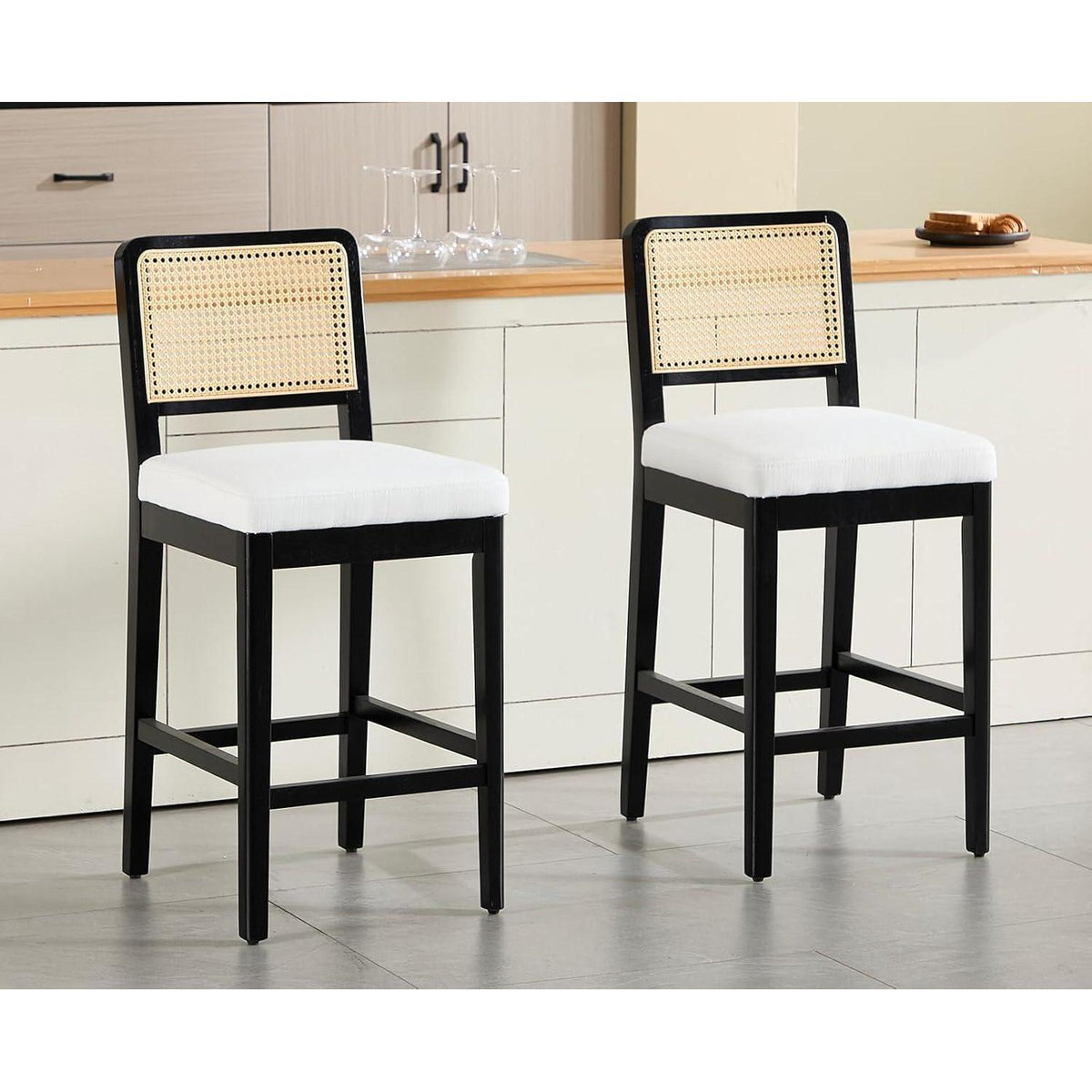 Barhocker Set 4 – Rattan Rückenlehne, Beige Holzbeine
