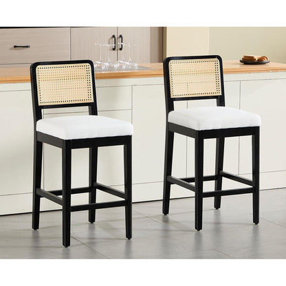 Barhocker Set 4 – Rattan Rückenlehne, Beige Holzbeine