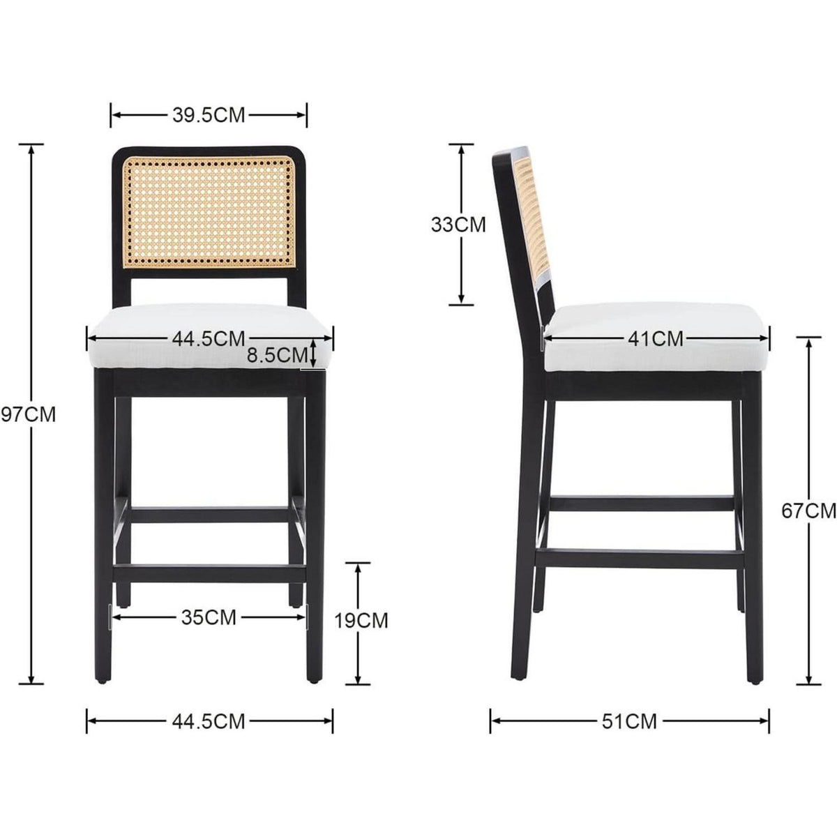 Barhocker Set 4 – Rattan Rückenlehne, Beige Holzbeine