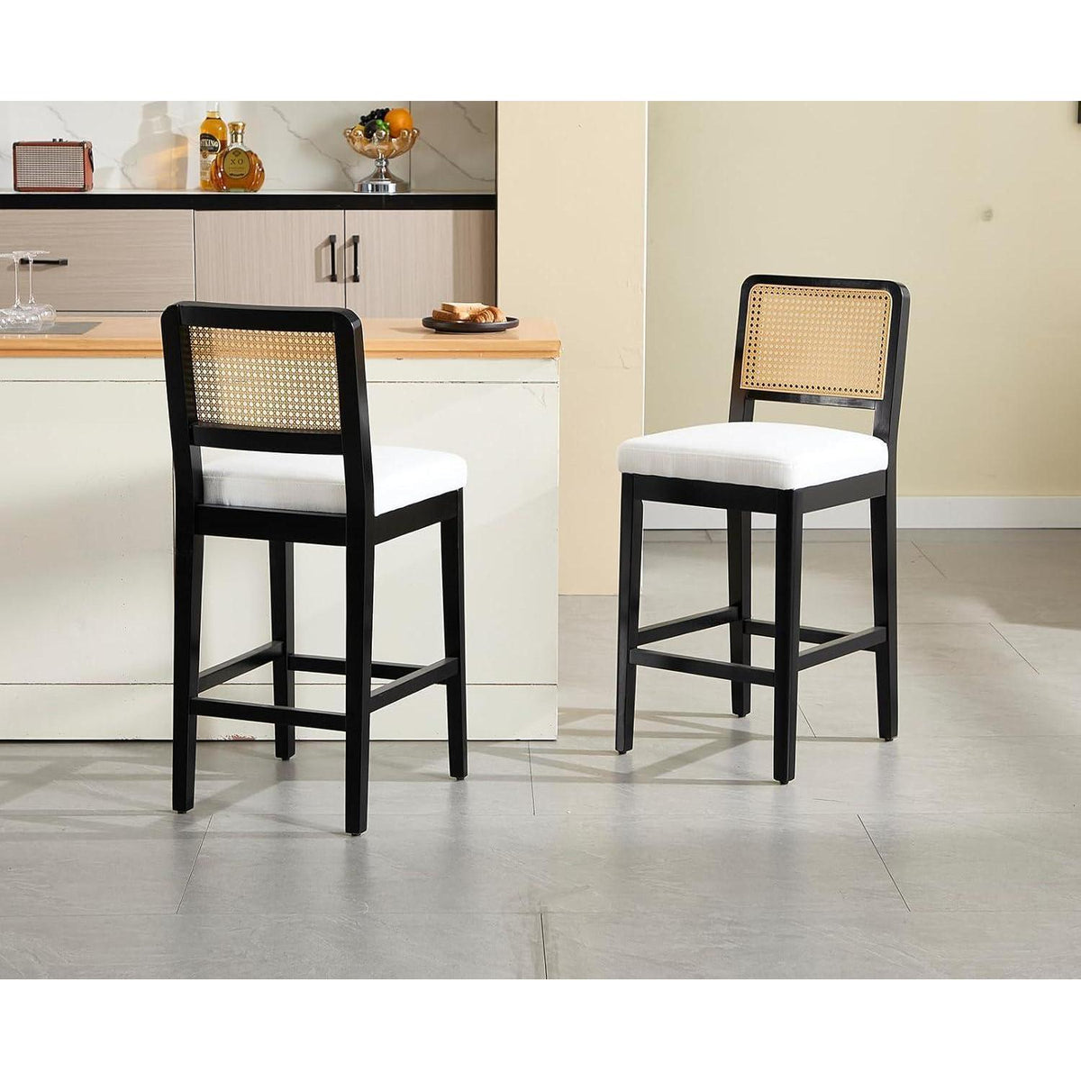 Barhocker Set 4 – Rattan Rückenlehne, Beige Holzbeine