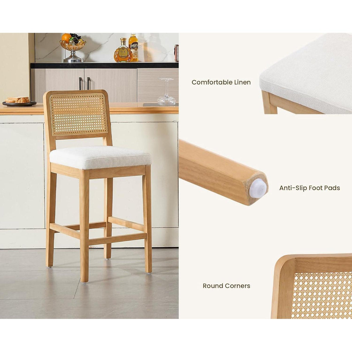 Barhocker 2er Set mit Rattan Rückenlehne, Weiß