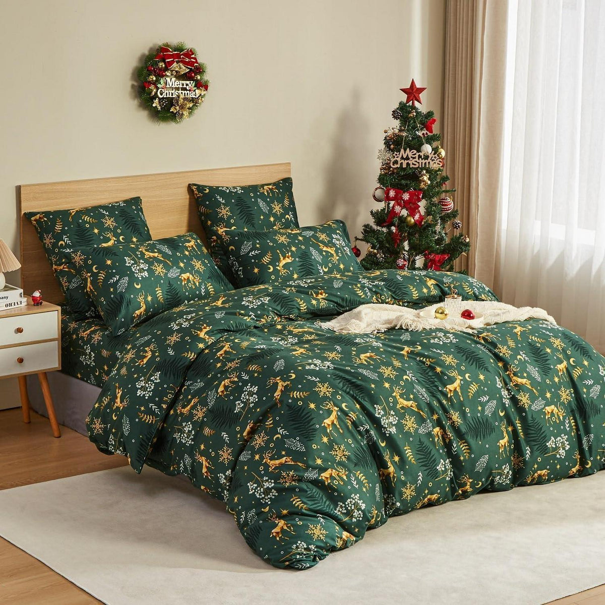Weihnachts Bettwäsche Set 155x220 cm Grün Elch Muster