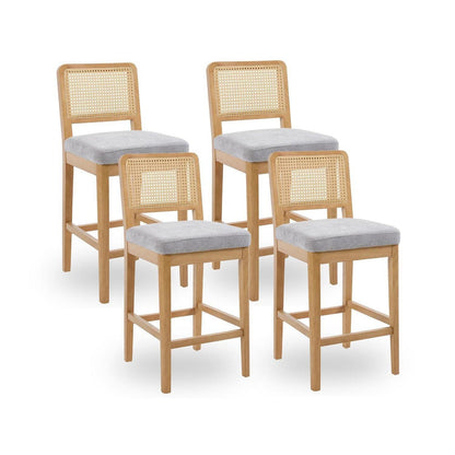 Barhocker Set 4 Grau – Rattan Rückenlehne & Massivholz