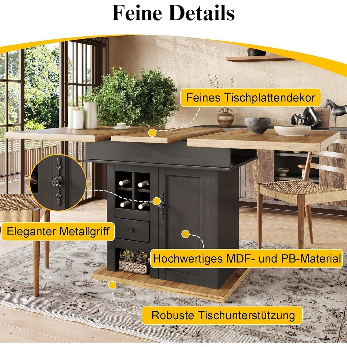 Ausziehbarer Esstisch Holz Schwarz mit Weinregal & Schubladen