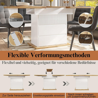 Ausziehbarer Esstisch Holz Weiß mit Stauraum (110-140x80cm)