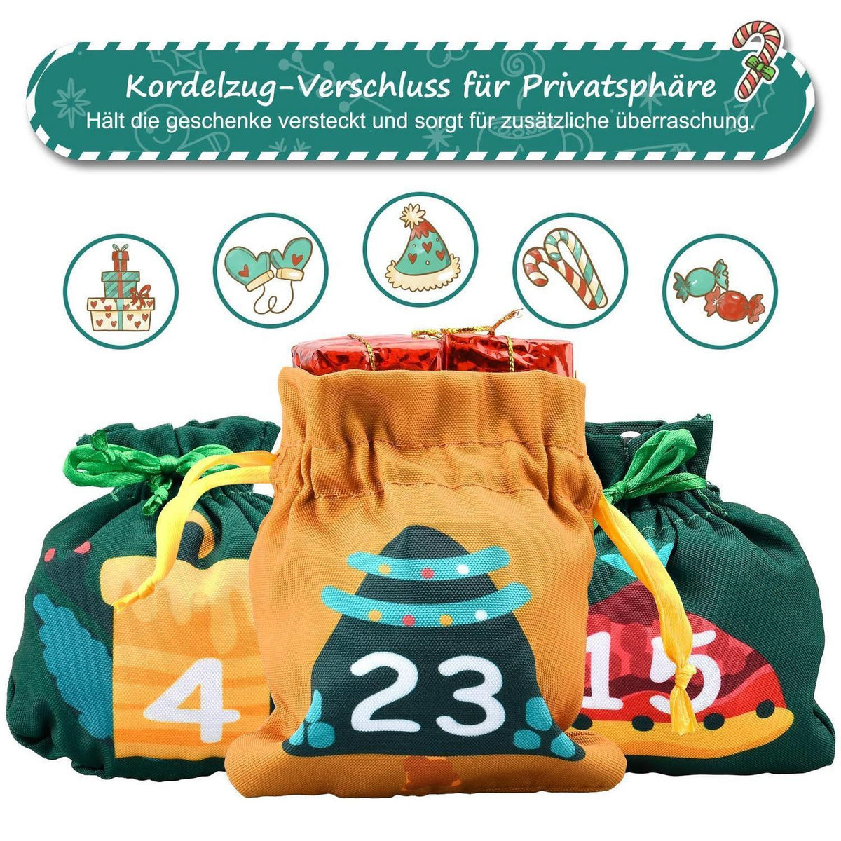 Adventskalender zum Aufhängen mit 24 Stoffbeuteln für Weihnachten