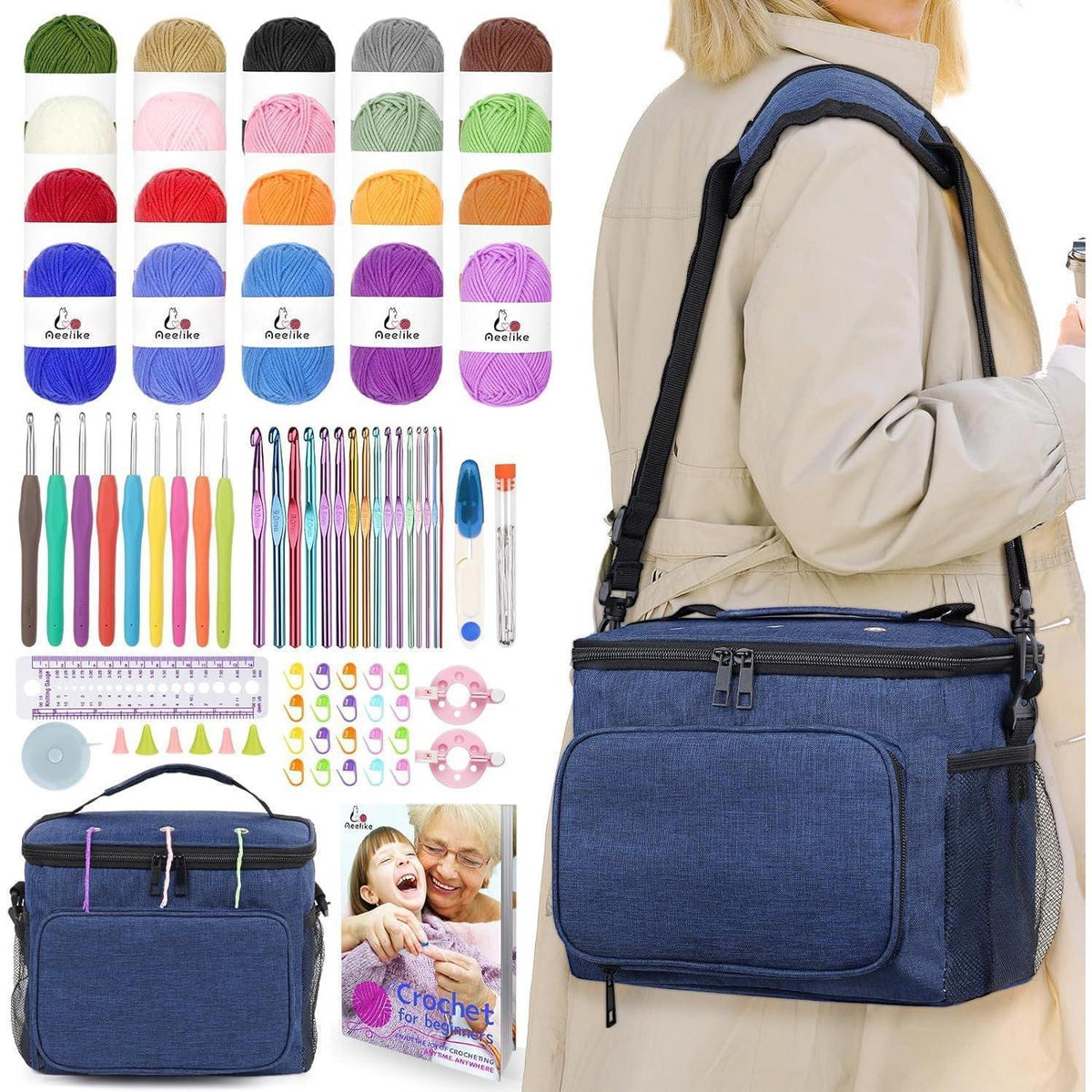 Häkelset für Anfänger: 87-teilig mit Garn, Nadeln & Tasche