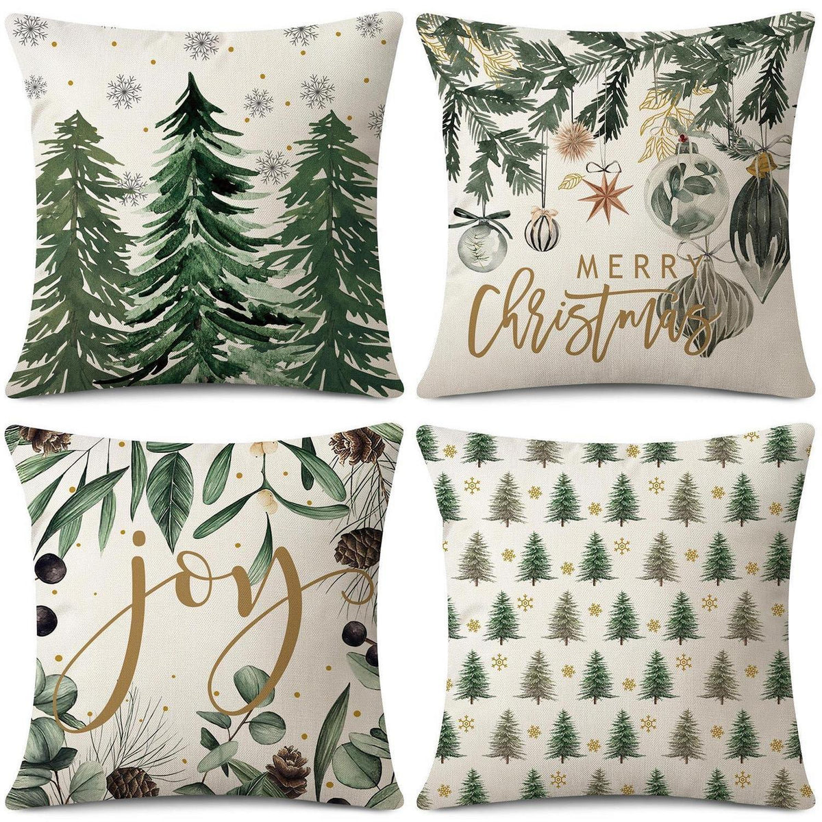 Weihnachtskissenbezüge 4er Set – 45x45 cm, Baum & Kugel