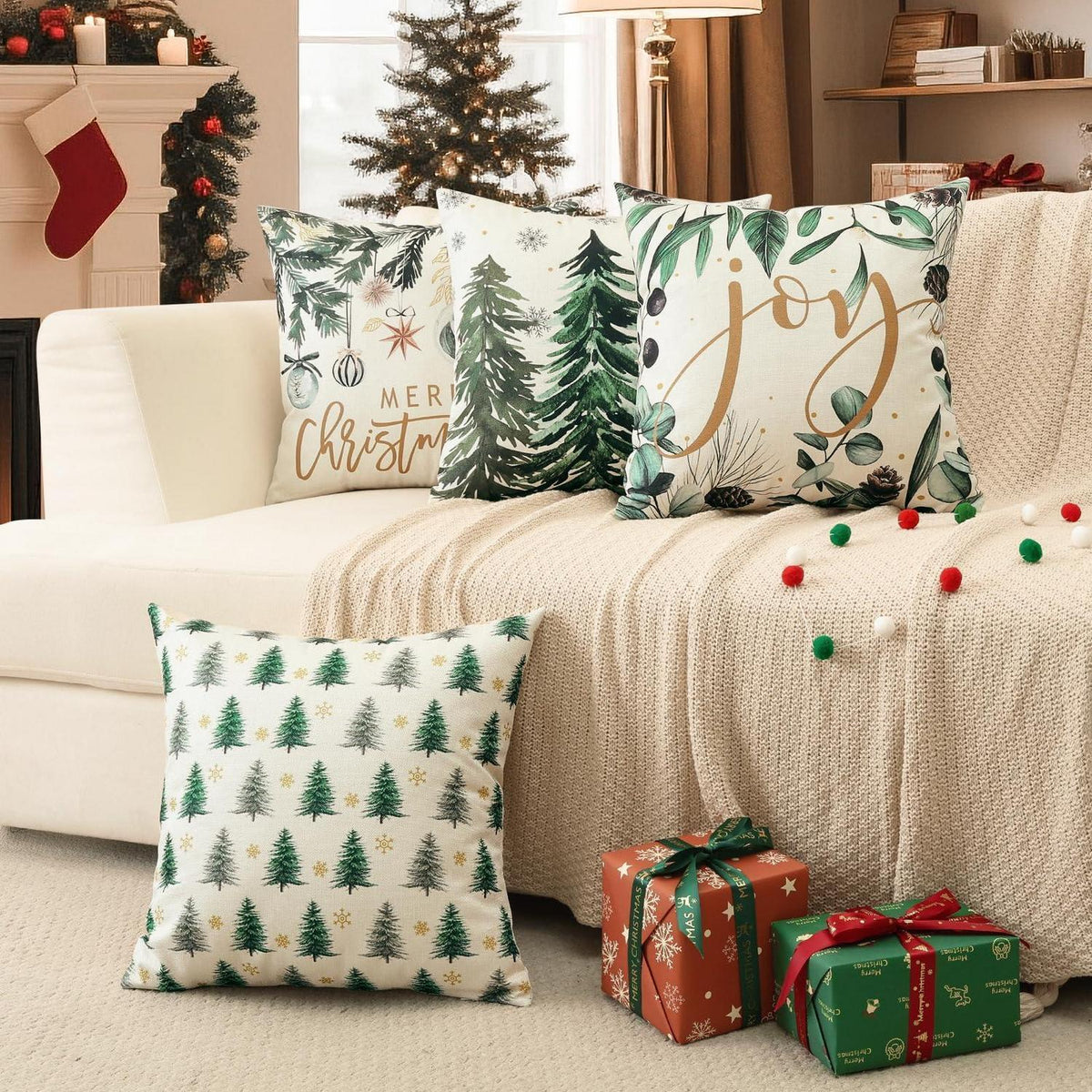 Weihnachtskissenbezüge 4er Set – 45x45 cm, Baum & Kugel