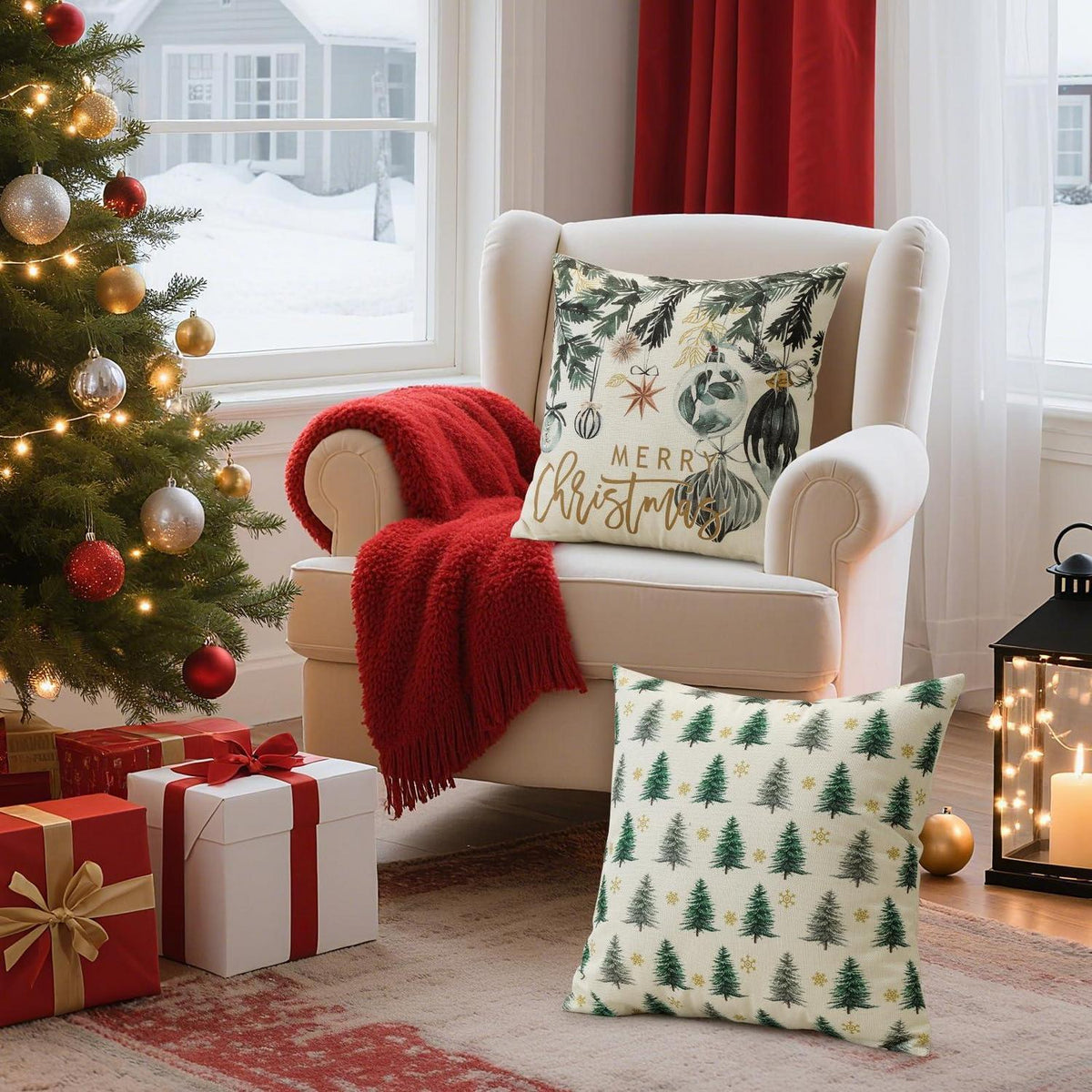 Weihnachtskissenbezüge 4er Set – 45x45 cm, Baum & Kugel