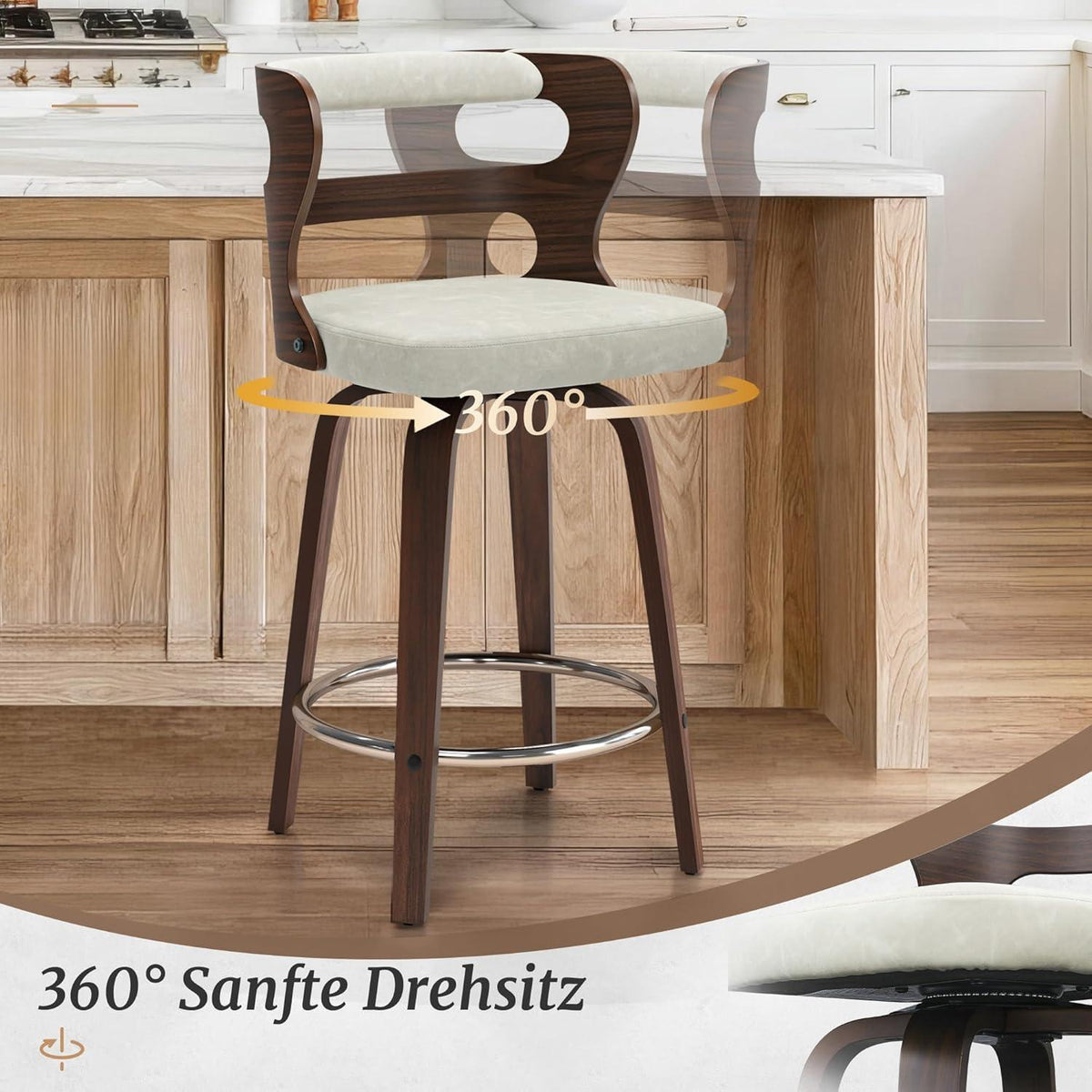 Drehbarer Barhocker mit Lehne & Armlehnen – Beige+Walnuss
