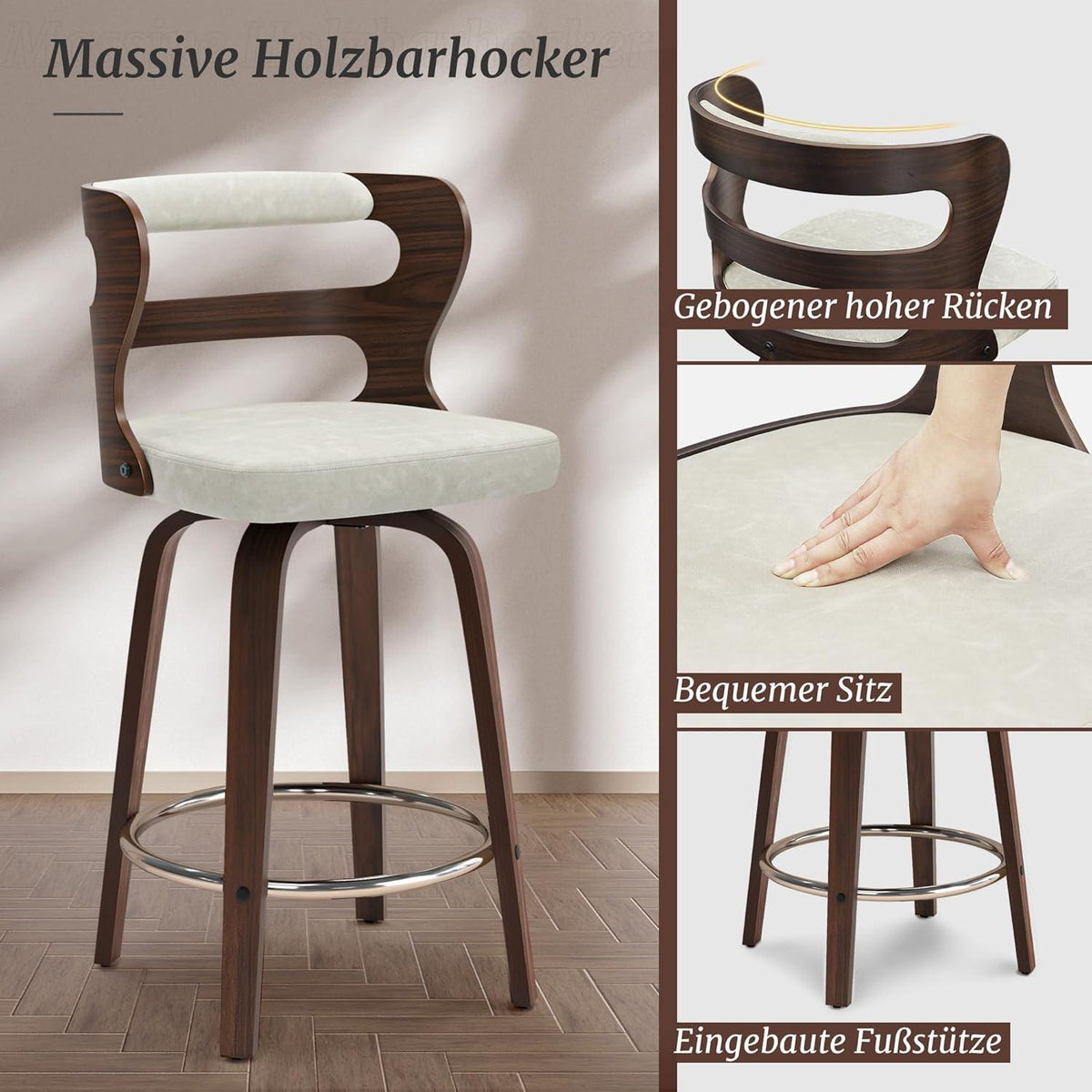 Drehbarer Barhocker mit Lehne & Armlehnen – Beige+Walnuss