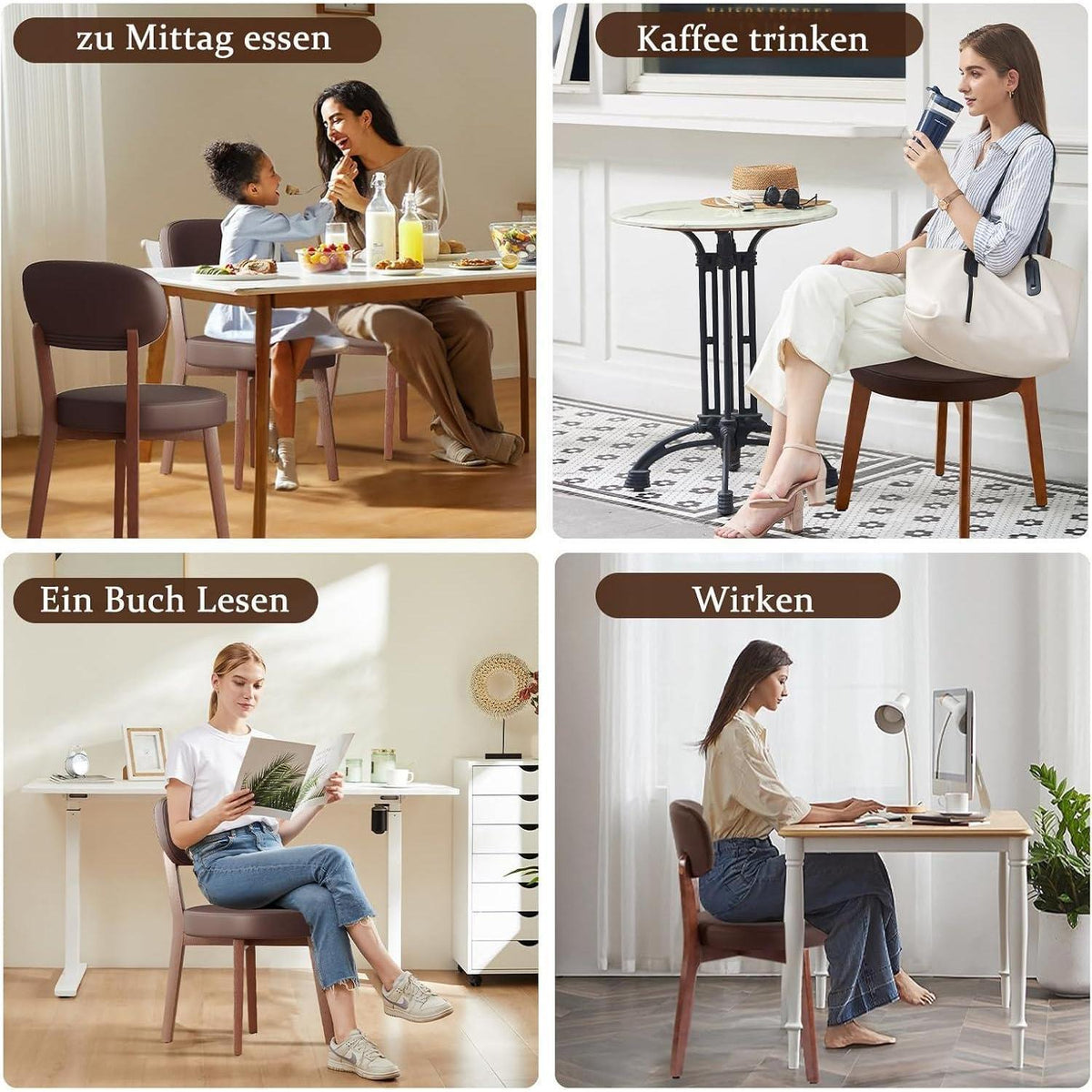 Esszimmerstühle 2er Set, Massivholz, Braun in Lederoptik