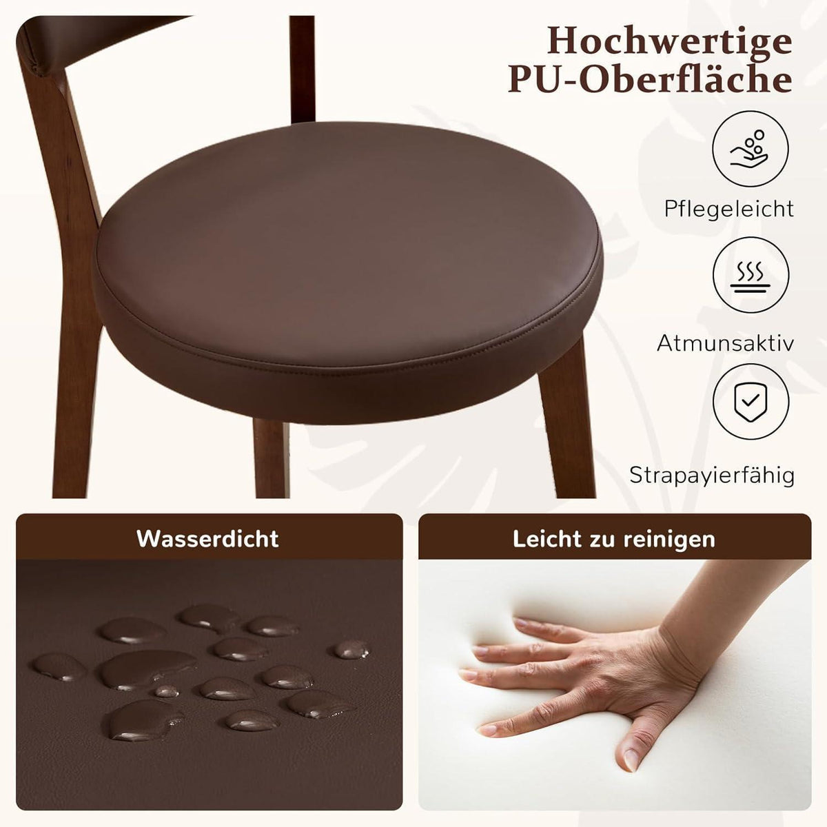Esszimmerstühle 2er Set, Massivholz, Braun in Lederoptik