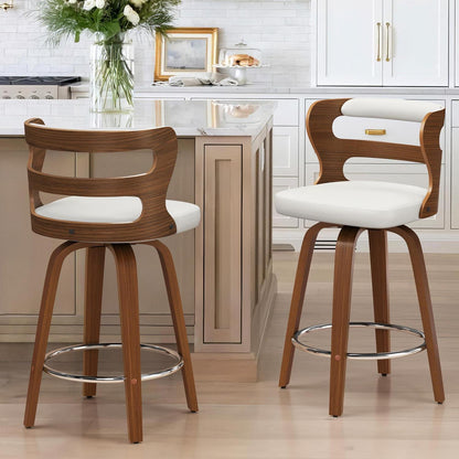 Drehbarer Barhocker mit Lehne & Armlehnen – Weiß+Walnut