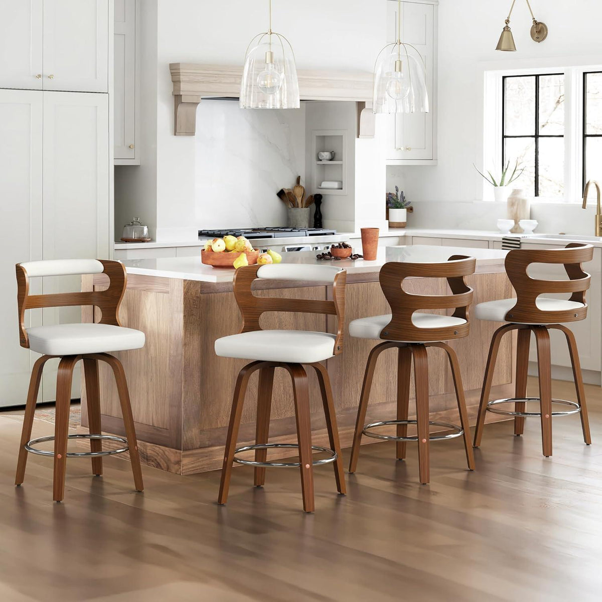 Drehbarer Barhocker mit Lehne & Armlehnen – Weiß+Walnut