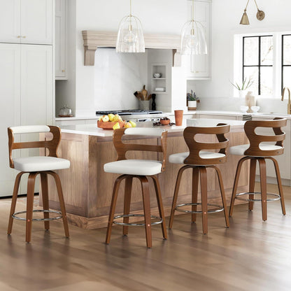 Drehbarer Barhocker mit Lehne & Armlehnen – Weiß+Walnut