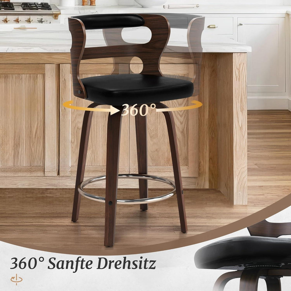 Drehbarer Barhocker Set Schwarz & Walnuss – 66cm Thekenhöhe