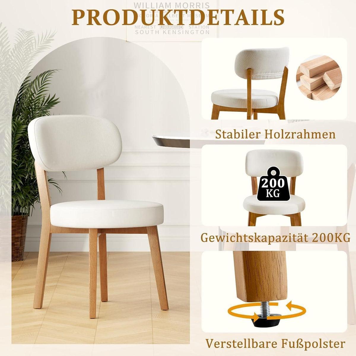 Esszimmerstühle 2er Set mit Leinenbezug & Massivholzbeinen