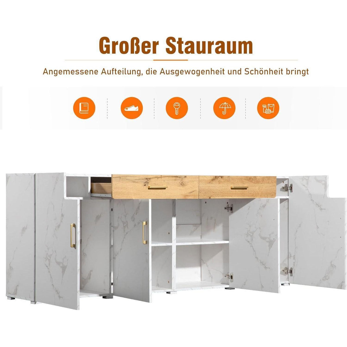 Weißes Sideboard mit Marmoroptik & Eichenholz Schubladen