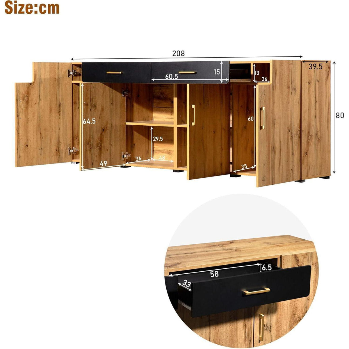 Breites Sideboard mit Marmoroptik & Eichenholz Schubladen