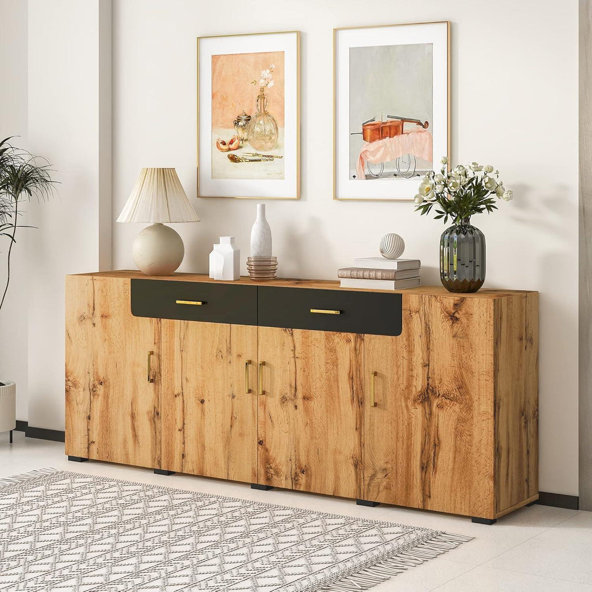 Breites Sideboard mit Marmoroptik & Eichenholz Schubladen