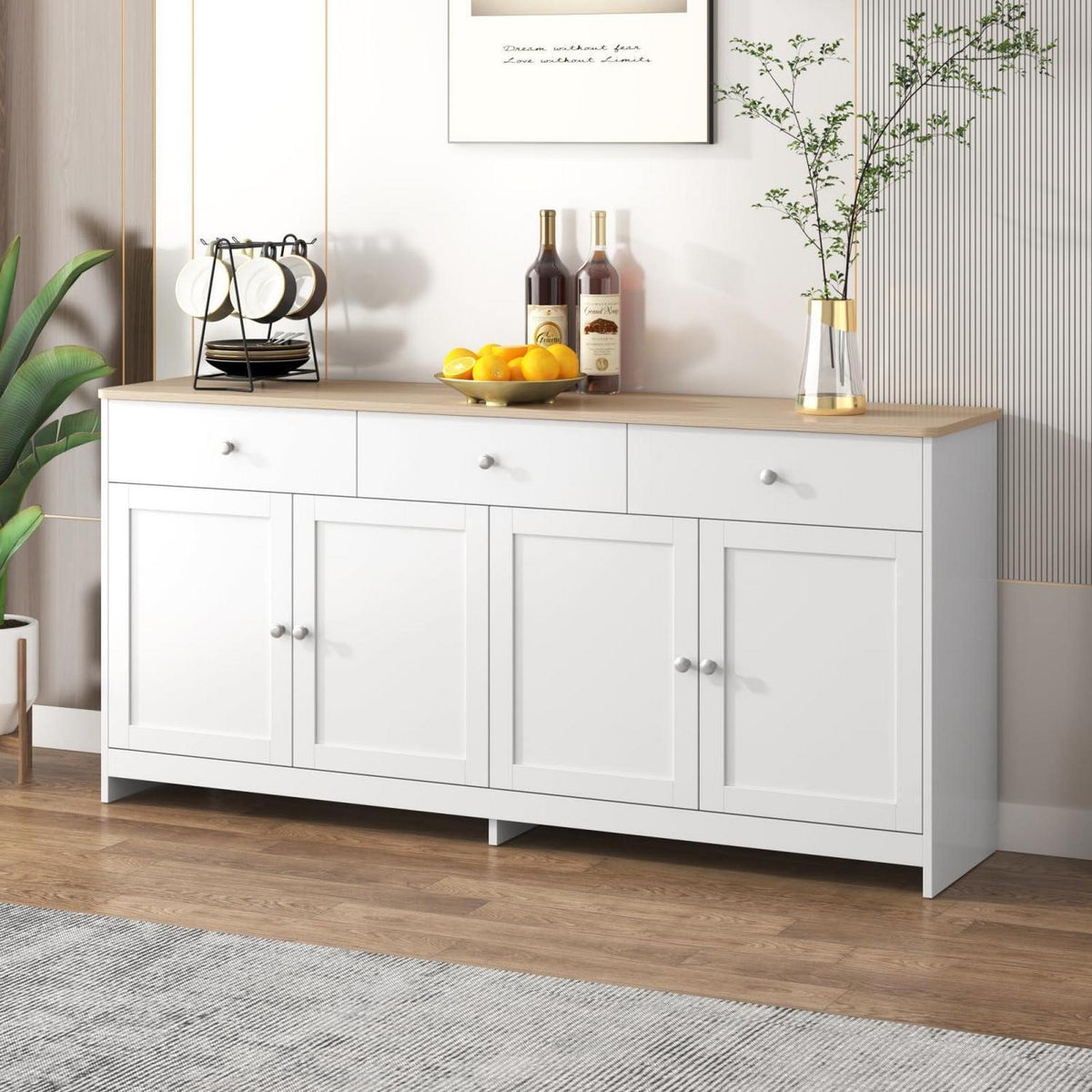 Weißes Sideboard mit 3 Schubladen & 4 Türen – 160x37x75 cm