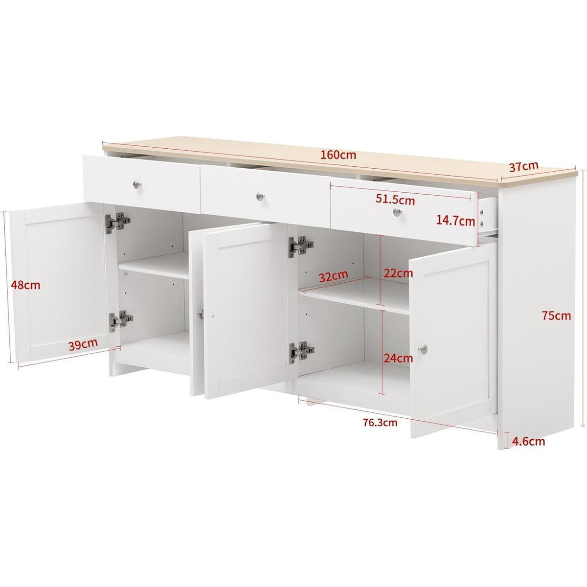 Weißes Sideboard mit 3 Schubladen & 4 Türen – 160x37x75 cm