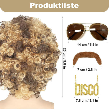 70er Jahre Herren Perücke Set mit Bart, Brille & Kette