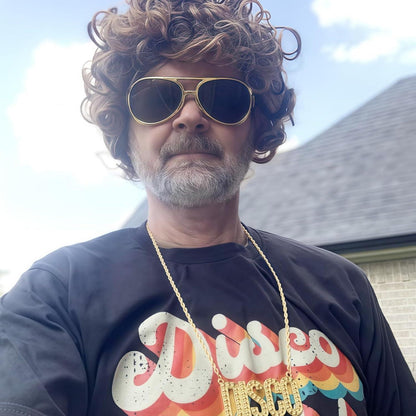 70er Jahre Herren Perücke Set mit Bart, Brille & Kette