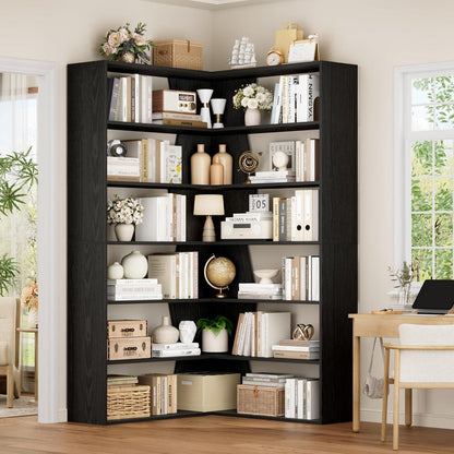 Eckregal 190cm, 6 Ebenen, Schwarz – Stehendes Bücherregal für Wohnzimmer