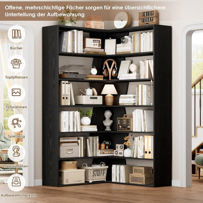 Eckregal 190cm, 6 Ebenen, Schwarz – Stehendes Bücherregal für Wohnzimmer