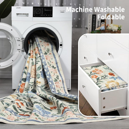 Waschbarer Teppich 120x170 cm – Grüner Wohnzimmerteppich mit Blumenmuster