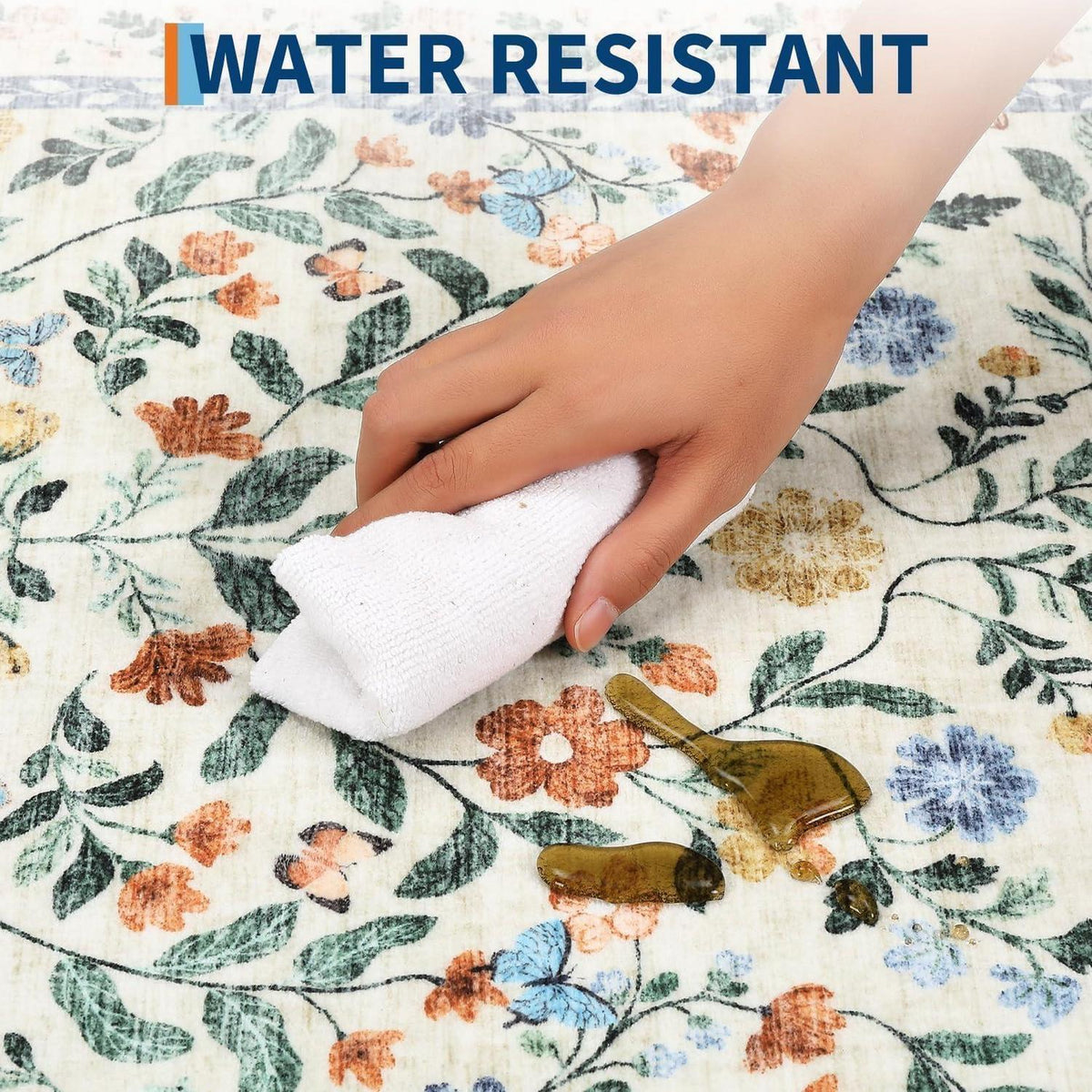Waschbarer Teppich 120x170 cm – Grüner Wohnzimmerteppich mit Blumenmuster