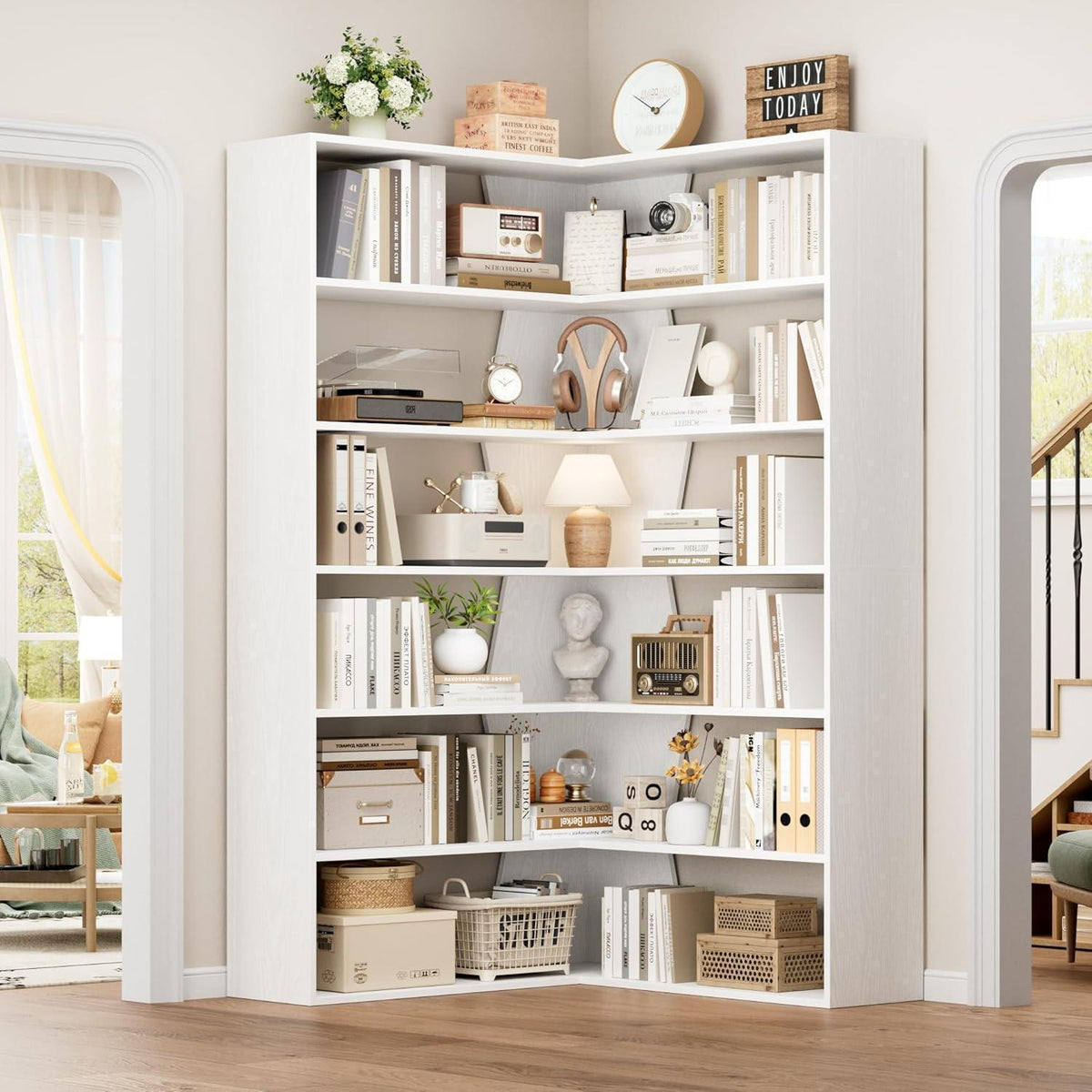 Eckregal 190cm – Stehendes Bücherregal mit 6 Ebenen, Weiß