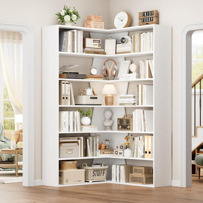 Eckregal 190cm – Stehendes Bücherregal mit 6 Ebenen, Weiß